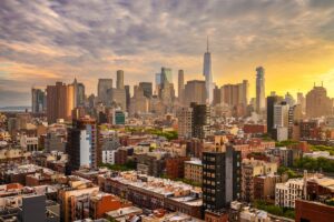 New York, New York, USA Lower Manhattan city skyline rooftop view at dusk.