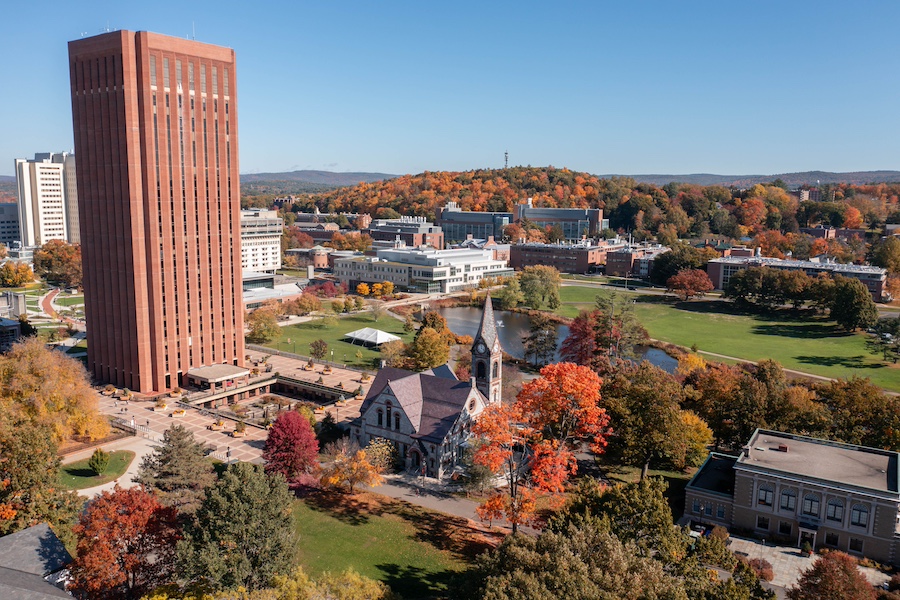 An aerial shot of the University of Massachusetts Amherst campus on a sunny autumn day