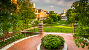 Johns Hopkins campus green space with brick walking path