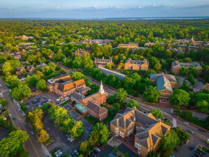 Williamsburg, Virginia, USA downtown from above at dusk.