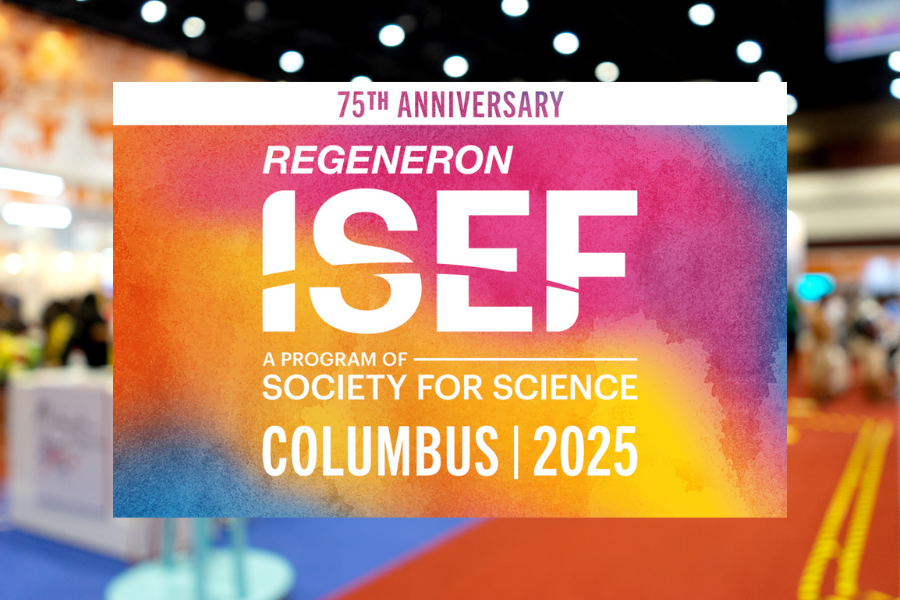 Regeneron International Science and Engineering Fair 2025 banner celebrating its 75th anniversary in Columbus, Ohio, showcasing a vibrant science competition.